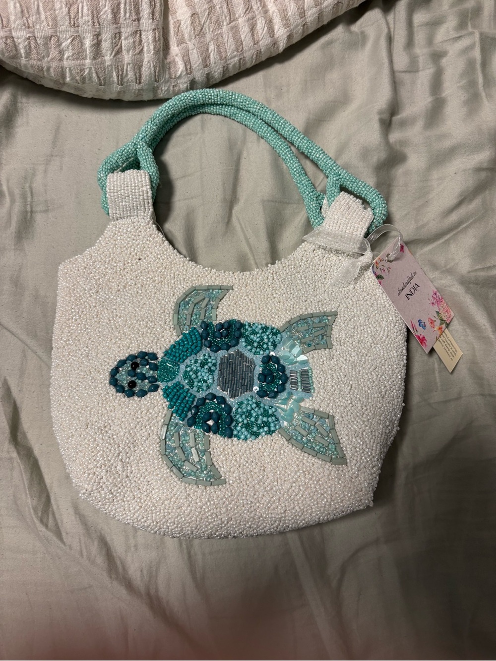 Beaded Sea Turtle Tote Bag - White & Aqua